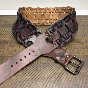 Genuine Leather Women's Western Wide Belt Size M Dark Brown Interwoven Design